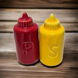 Ketcup Mustard Salt & Pepper Shaker Set  Ceramic